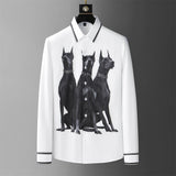 High Quality Dog Rhinestones Shirts for Men Long Sleeve Casual Shirt Autumn Business Social Formal Dress Shirt Party Tuxedo
