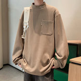 Foesce Men's Long T-shirts Half Turtleneck Embroidery Single Pocket Hoodie Loose Casual Couples Double Sided Velvet Material Sweatshirt