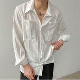 Fashion Lapel Button Spliced Pockets All-match Shirts Men's Clothing Spring New Loose Casual Tops Solid Color Korean Shirt