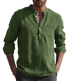 Foesce Men's Casual Cotton Linen Shirts Solid White V Neck Men Long Sleeve Shirt Button Pocket Tops Blouse Pullovers Camisas De Hombre