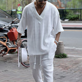 Foesce Fashion Loose V Neck Sweater Two Piece Set Men Spring Summer Casual Solid Short Sleeve Knit Tops And Pants Suits Mens Streetwear