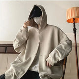 Foesce Autumn Japanese Jacket Simple Waffle Basic Solid Color Hooded Cardigan Unisex Loose Cityboy Urban Style Sweatshirt Coat