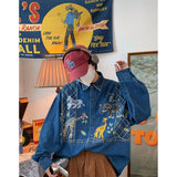 Giraffe Embroidered Zoo Denim Shirt Men Autumn New Vintage Style Casual Long Sleeve Casual Shirt Women Top Punk Style