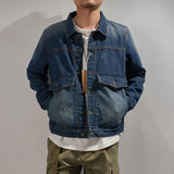 Foesce New autumn denim jacket men's loose tooling jacket sand washing old nostalgic blue lapel denim jacket