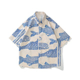 Foesce Oversized American Style Summer Fried Street Fashion Small Fish Print New Personalized Mens Casual Shirts