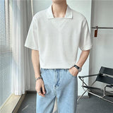 Foesce New Waffle Polo Shirt Men Short Sleeved Summer Solid Color Ice Silk Lapel Casual Loose Harajuku Top Korean Fashion Clothing