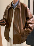 Foesce Handsome PU Leather Jacket Men's Trend High Street Autumn and Winter Loose All-match Teen Solid Lapel Leather Coat Men