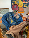 Giraffe Embroidered Zoo Denim Shirt Men Autumn New Vintage Style Casual Long Sleeve Casual Shirt Women Top Punk Style