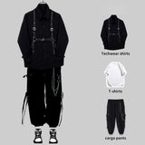 Foesce Techwear Pant Sets Men Punk 3 piece outfits Black Cargo Pants Long Sleeve Shirts Korean Streetwear Hip Hop Spring