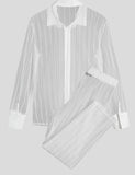 Foesce Fashion Men Sets Mesh Patchwork Transparent Streetwear Lapel Long Sleeve Shirt & Pants Sexy Men Suits Two Pieces