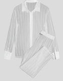 Foesce Fashion Men Sets Mesh Patchwork Transparent Streetwear Lapel Long Sleeve Shirt & Pants Sexy Men Suits Two Pieces