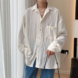 Foesce Shirts for men Apricot Handsome Lapel Men Blouse Vacation Hollow Out Sexy Fashion Men Clothing Male Mesh Long-sleeved Shirts