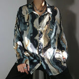 Silky Smooth Blouse Shirt for Men Korean Ruffian Dropping Loose Long Sleeve Shirts Spring Vintage Print Oil Painting Trendy Tops