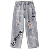 Wholesale Fashion Teenagers Loose Straight Washed Blue Denim Jeans Male Korean Ripped Hole Graffiti Ankle Length Pants