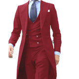 Foesce New Arrivel Long Coat Designs Chinese Red Men Suit Gentle  Tuxedo Prom Blazer Custom 3 Pieces (Jacket+Vest+Pants)