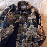 Foesce Autumn and Winter Fashion Casual Cute Bear Print Lapel Jacket for Men and Women Single-breasted Jacket New Women Clothing