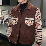 Fall Version Lapel Vintage Ethnic Pattern Stitching Jacket Mens  Motorcycle Jacket Korean Slim British Trend Casual Jacket