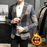 Men's Suit Jacket Winter New Slim Fashion Plaid Casual Business Casual British Style Dress Wool Warm Blazers Coat Groom