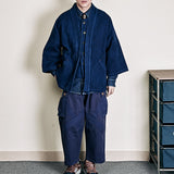 Vintage Heavy Weight Indigo Jacket Men Cotton Kendo Fabric Suit Autumn Male Blue Dyed Loose Pockets Casual Jacket Cardigan Coat