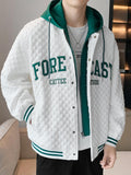 New Spring Men's Hooded Varsity Jacket Streetwear Fashion Fake 2 In 1 Single Breasted Casual Windbreaker Loose Letter Coat