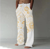Men Drawstring Elastic Cotton Linen Trousers Casual Wide Leg Pant Male Summer Newest Vintage Print Loose Sport Pants Streetwear