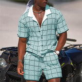 Men's Casual Set Vintage Checked Plaid Short Sleeved Lapel Shirt Beach Suit Fashion Loose Pockets Male Shorts Outfits Streetwear