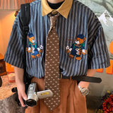 Vertical Striped Japanese Retro Short Sleeve Casual Shirts Men Couple Top Bear Print Button Up Shirt Summer Punk Style