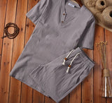 Foesce-(Shirt + shorts) summer fashion Short sleeve men shirt Cotton shirts men's casual elastic waist shirts men full size M-5XL