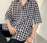 Foesce Men Short Sleeve Casual Loose Blouse Kpop Fashion Houndstooth Shirts Masculina Camisa Top blusas Homme Ropa Male Streetwear