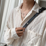 Told Tale Apricot Handsome Lapel Men Blouse Vacation Hollow Out Sexy Fashion Men Clothing Male Mesh Long-sleeved Shirts Tops