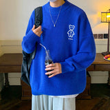Foesce Autumn Winter Men's Sweater Mock Neck Waffle Bear Graphic Male Knitted Pullovers Casual Harajuku Clothing