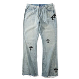 Mens Trousers Retro Cross Patch Distressed Straight Jeans Pants High Street Streetwear Fashion Loose Washed Denim Pants Unisex