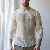 Foesce New Long-sleeved Sexy T-shirt Bottoming Shirt Fashion Woven Solid Color Mesh Knit Slim Tops Men Oversized T Shirt