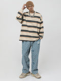 Apricot Stripe T Shirt  American Street Sweatshirt Men's High Street Vintage Hiphop Striped Long-sleeved T-shirt Oversize Tops