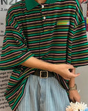 Foesce Striped Short Sleeve Shirt Summer Men Women's High Street Oversize Tees Japan Vintage Turn Down Collar Tshirt