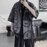 Summer Short Sleeved Shirts Men Korean Baggy Cartoon Elements Print Half Sleeved Blouses Casual Tops Male Y2K Clothes Oversized