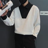 Fashion Patchwork Fake Two Piece Shirts Men Knitting Long Sleeve Button Turn-down Collar Tops Fall Leisure Shirt Streetwear
