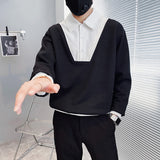 Fashion Patchwork Fake Two Piece Shirts Men Knitting Long Sleeve Button Turn-down Collar Tops Fall Leisure Shirt Streetwear