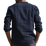 Foesce Men's Casual Cotton Linen Shirts Solid White V Neck Men Long Sleeve Shirt Button Pocket Tops Blouse Pullovers Camisas De Hombre