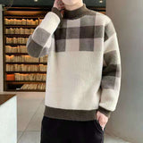 Fashion Half High Collar Knitted Spliced Lattice Korean Sweater Men's Clothing Autumn New Casual Pullovers Loose Warm Tops