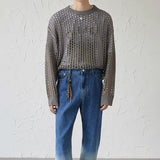 New Men's Vintage Loose Smock Tops Summer Fashion All-match Casual Geometic Hollow Out Outfits See-though Knit Shirts