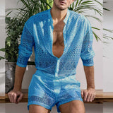 Foesce New Arrivals Men Set Summer Sexy See Through Lace Outfits Beach Fashion Short Sleeved Tops And Shorts Mens Two Piece Suits