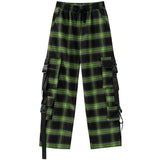 Men's Vintage Straight Pants Plaid Baggy Drawstring Trousers Multi-pocket Design Fall Hip Hop Casual Fashion Streetwear