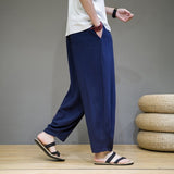Men Pants Cotton and Linen Summer Solid Loose Sports Wide-Leg Pants Sports Men Lace-up Mid-Waist Pocket Straight Pants Trousers