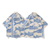 Foesce Oversized American Style Summer Fried Street Fashion Small Fish Print New Personalized Mens Casual Shirts
