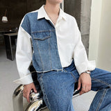 Fall Turn-down Collar Casual Tops Daily Streetwear Mens Patchwork Denim Shirt Clothes Fashion Long Sleeve Button Shirts For Men