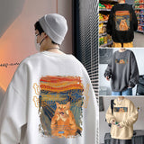 Foesce  Funny Cat Men's Sweatshirts Cartoon Graffiti Fashion Brand Round Neck Hoodies Hip Hop Streetwear Male Pullovers