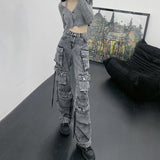 Foesce-High Street Men's Jeans Washed Denim Multi Pockets Solid Color Personalized Casual Male Pants Autumn Tide New
