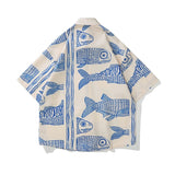 Foesce Oversized American Style Summer Fried Street Fashion Small Fish Print New Personalized Mens Casual Shirts