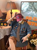 Vertical Striped Japanese Retro Short Sleeve Casual Shirts Men Couple Top Bear Print Button Up Shirt Summer Punk Style